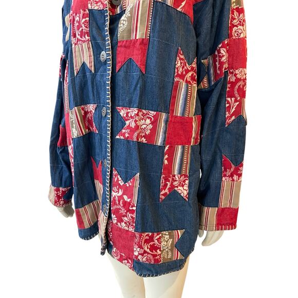 Susan Bristol Chambray Denim Quilted Barn Jacket Large Blue Red - Picture 4 of 10